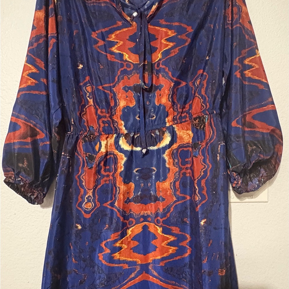 Angie Womens Dress Sz L 3/4 Sleeve Blue Floral Elastic Waist Peep Hole Neck